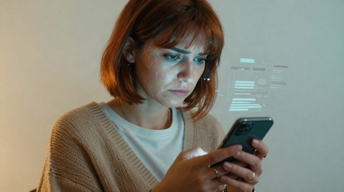 Женщина с тревожным выражением лица смотрит на смартфон с пользовательским соглашением, фрагментированная цифровая сетка на лице символизирует извлечение биометрических данных